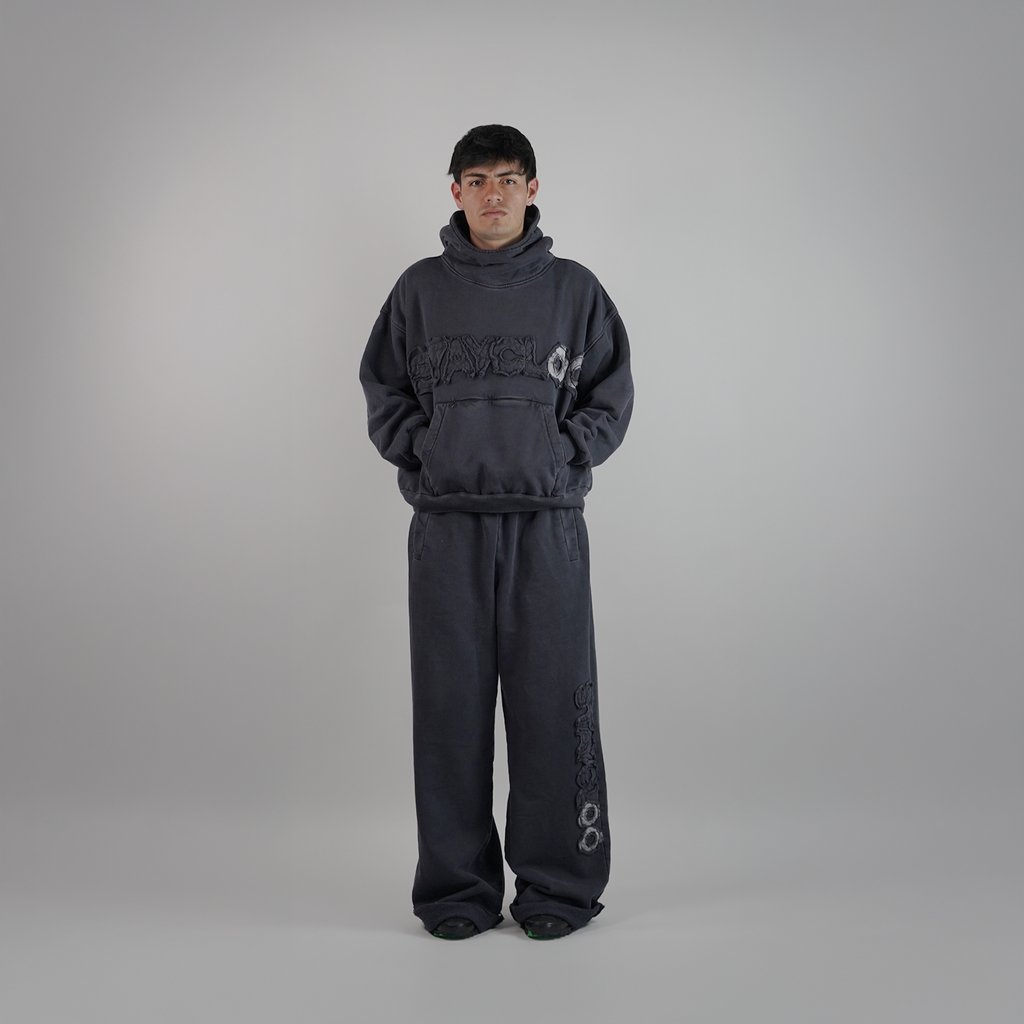 Pantalón Wide Desgastado - Azul Acero