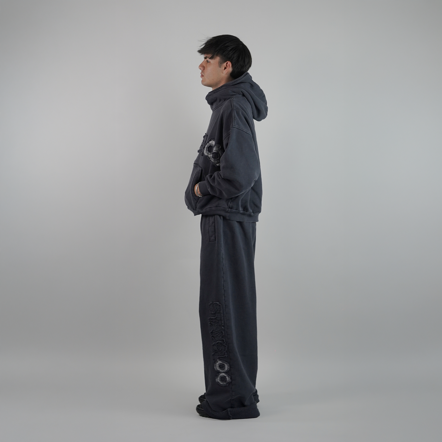 Pantalón Wide Desgastado - Azul Acero